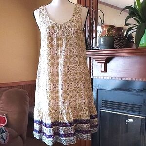 Cream and Brown Sleeveless Scoop Neck Sundress